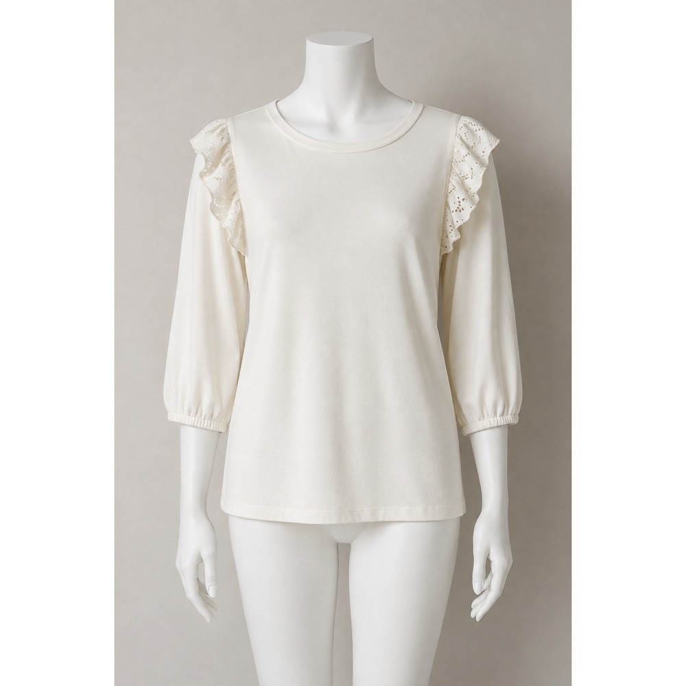 Loft Outlet Cream Eyelet Ruffle Shoulder Puff Sleeve Knit Top Large